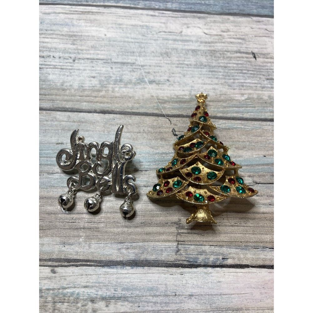 Lot Of 2 Christmas Tree Jingle Bells l‎ Rhinestone Goldtone Brooch Pin 1990s